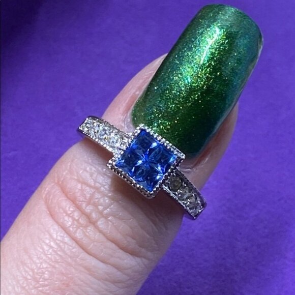 Elegant White Gold Plated Blue White Sapphire Crystal Ring - Picture 5 of 5